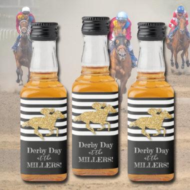 Faux Gold Glitter Race Horse on Black Stripes Liquor Bottle Label