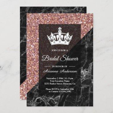 Faux Rose Gold Glitter Black Marble Bridal Shower Invitations