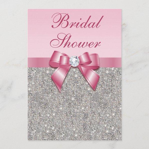 Faux Silver Jewels Pink Bow Diamonds Bridal Shower Invitations