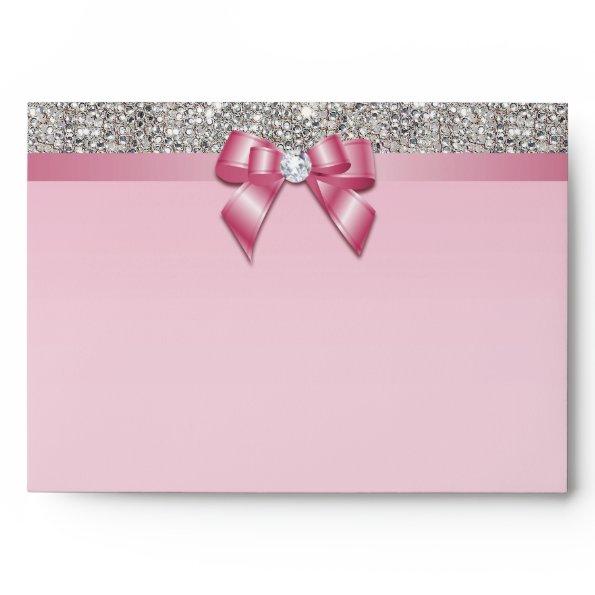 Faux Silver Sequins Diamonds Pinkl Bow Envelope
