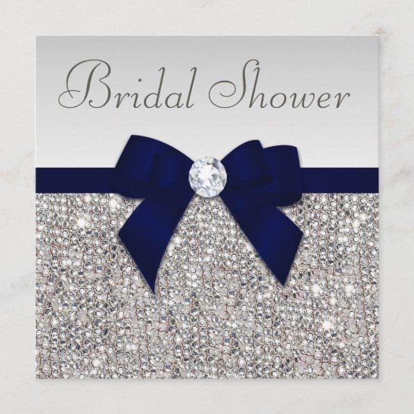 Faux Silver Sequins Navy Blue Bow Bridal Shower Invitations