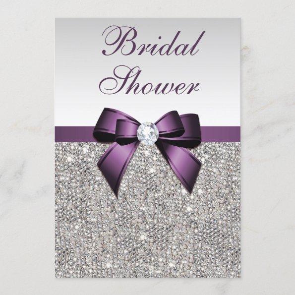 Faux Silver Sequins Purple Bow Bridal Shower Invitations