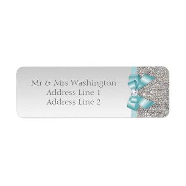 Faux Silver Sequins Teal Blue Bow and Diamond Label
