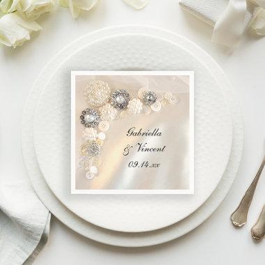 Faux White Pearl and Diamond Buttons Wedding Napkins