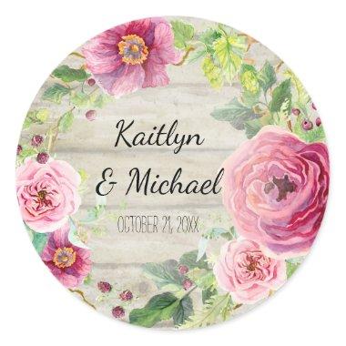 Favor Decor Rose Peony Rustic Wood Floral Wreath Classic Round Sticker