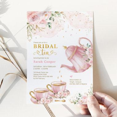 Feminine Blush Gold Floral Bridal Shower Tea Party Invitations