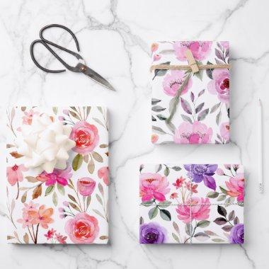 Feminine Pink Lilac and Purple Watercolor Floral Wrapping Paper Sheets