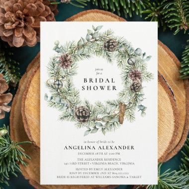 Festive Natural Wreath Winter Bridal Shower Invitations