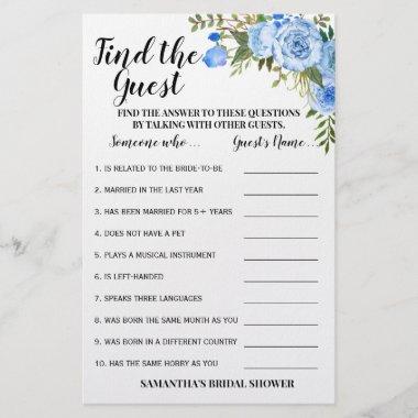Find the Guest Blue Bridal Shower Game Invitations Flyer