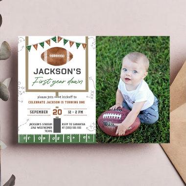 First Year Down Football 1st Birthday Party Photo Invitations