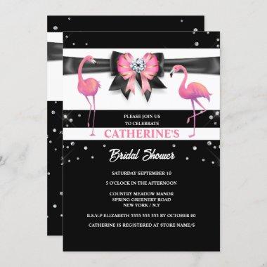 Flamingo pink black bridal shower glitter glam Invitations