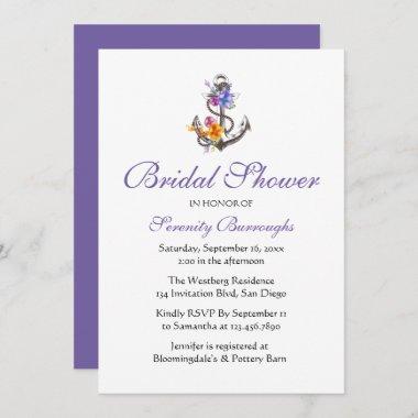 Floral Anchor Purple Beach Nautical Bridal Shower Invitations