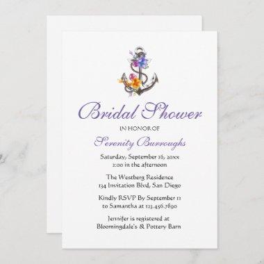 Floral Anchor Purple Beach Nautical Bridal Shower Invitations