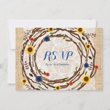 Floral Branches Burlap & Lace Wedding RSVP card
