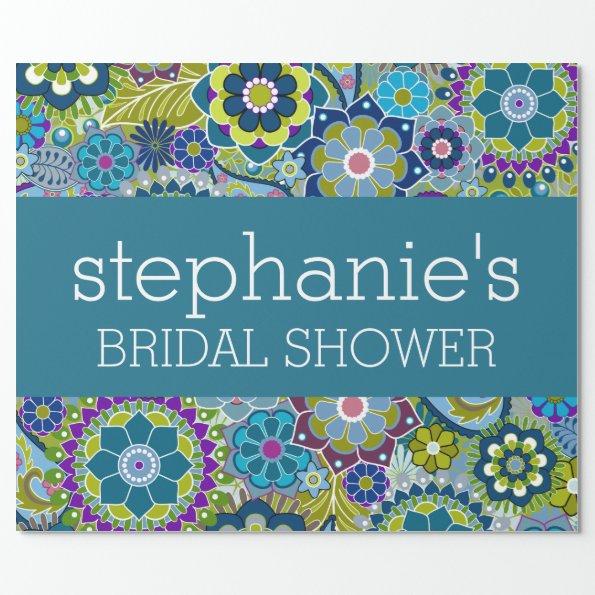 Floral Bridal Shower Teal and Green Retro Flowers Wrapping Paper