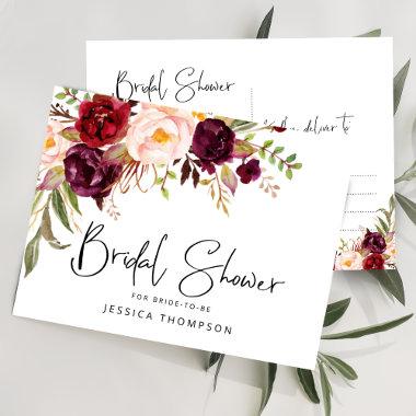 Floral Burgundy Blush Watercolor Bridal Shower Invitation PostInvitations