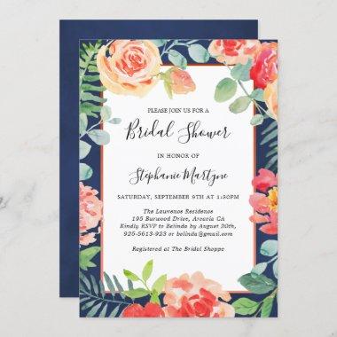 Floral Coral Foliage Navy Blue Bridal Shower Invitations