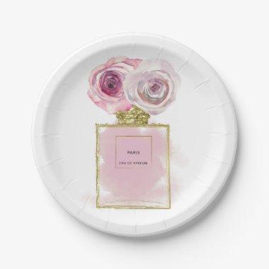Floral Fashion Perfume Bottle Pink Roses Gold Glam Paper Plates