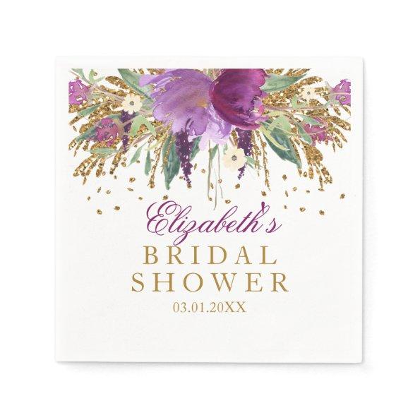 Floral Glitter Amethyst Bridal Shower Napkins