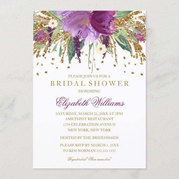 Floral Glitter Sparkling Amethyst Bridal Shower Invitations