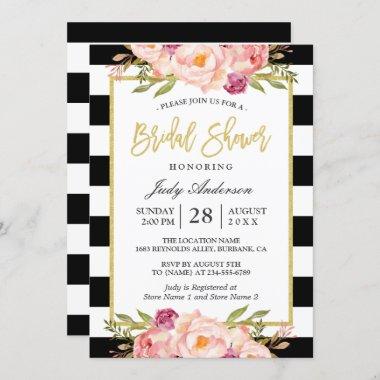 Floral Gold Black White Stripes Bridal Shower Invitations