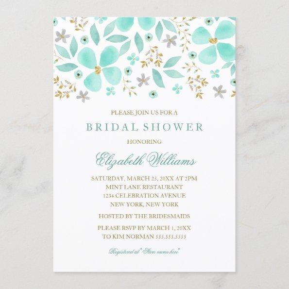 Floral Gold Mint Leaf Bridal Shower Invitations