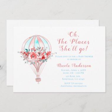 Floral Hot Air Baby Shower The Places She'll Go Invitations