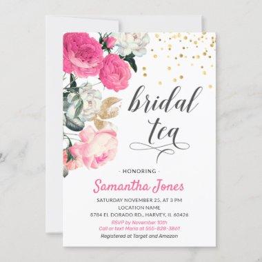 Floral Hot Pink Peony Roses Gold Bridal Shower Tea Invitations