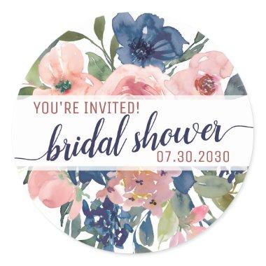 Floral Navy Blush Pink Youre Invited Bridal Shower Classic Round Sticker