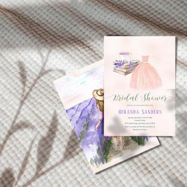 Floral Peach Lavender Dress Book Tea Brunch Bridal Invitations