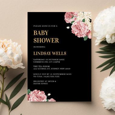 Floral Peonies and Roses Baby Shower Invitations