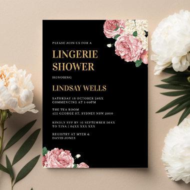 Floral Peonies and Roses on Black Lingerie Shower Invitations