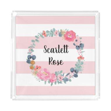 Floral Pink Watercolor Wreath Personalized Names Acrylic Tray
