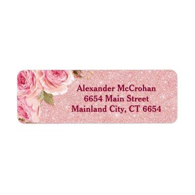 Floral Rose Gold Pink Glitter Return Address Label