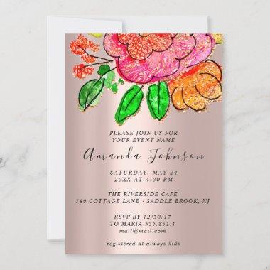 Floral Rose Orange Bridal Shower Birthday Party Invitations