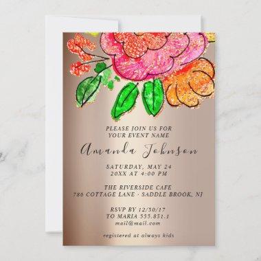 Floral Rose Orange Bridal Shower Sweet 16th Invitations