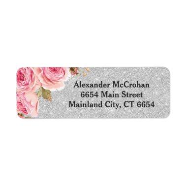 Floral Rose Silver Glitter Return Address Label