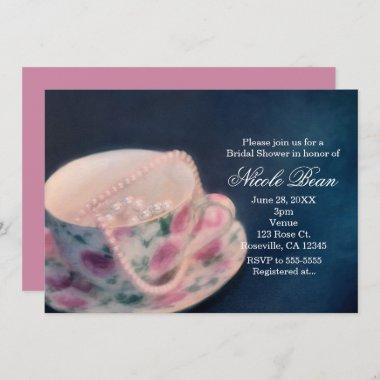 Floral Rose Tea Cup & Pearls Bridal Shower Invitations