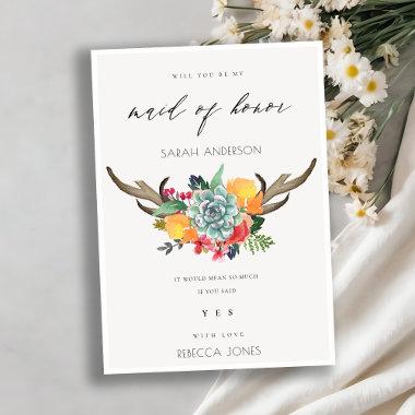FLORAL SUCCULENT ANTLER BOHEMIAN MAID OF HONOR Invitations