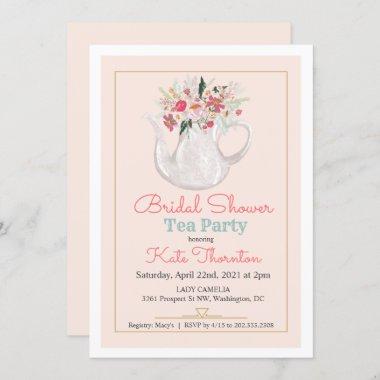Floral Teapot Tea Party Bridal Shower Invitations
