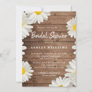 Floral White Daisies Rustic Wood Bridal Shower Invitations