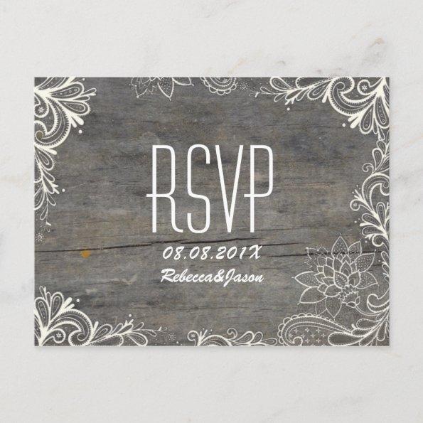 flourish swirls lace wood country wedding RSVP Invitation PostInvitations