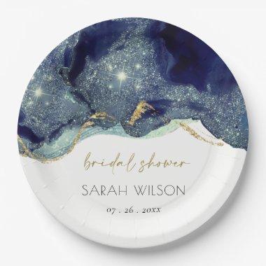 Fluid Abstract Ink Gold Navy Glitter Bridal Shower Paper Plates
