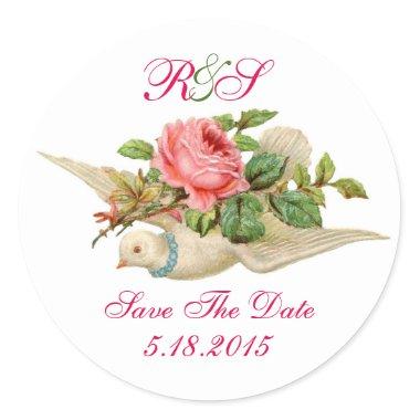 FLYING DOVE WITH PINK ROSE SAVE THE DATE MONOGRAM CLASSIC ROUND STICKER