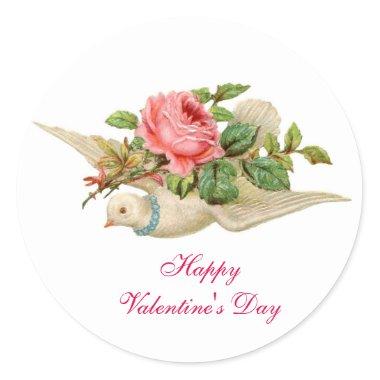 FLYING DOVE WITH PINK ROSE VALENTINE'S DAY CLASSIC ROUND STICKER