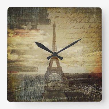 French scripts Modern Vintage Paris Eiffel tower Square Wall Clock