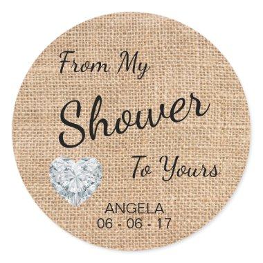 'From My Shower To Yours' Burlap, Sugar Scrub Classic Round Sticker