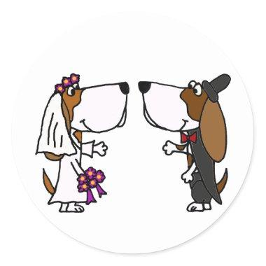 Funny Basset Hound Bride and Groom Wedding Art Classic Round Sticker