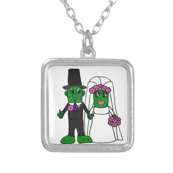 Funny Pickle Bride and Groom Wedding Art Silver Plated Necklace