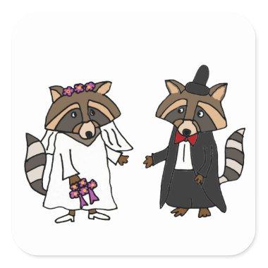 Funny Raccoon Bride and Groom Wedding Art Square Sticker